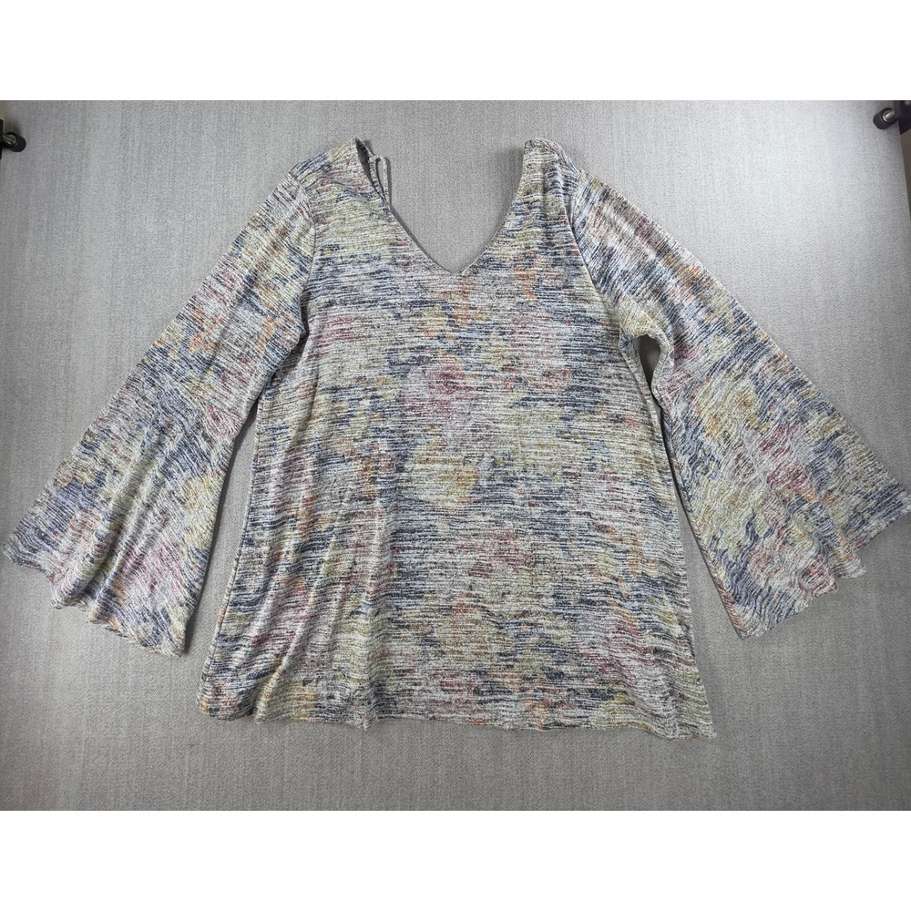 Cupio Blush Top Womens XL Multicolor Floral Bell‎ Sleeve V-Neck Knit Blouse
